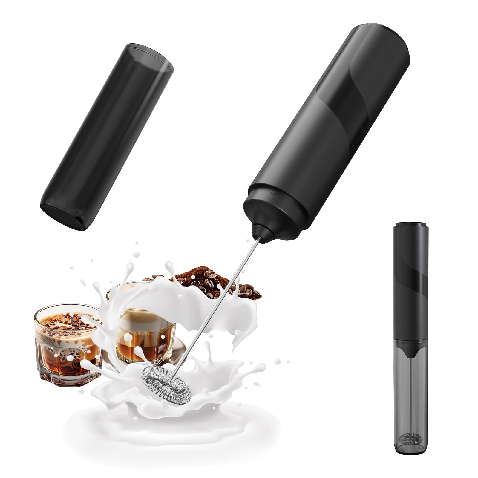 CIRCLE JOY Rechargeable Milk Frother Hanheld, Dual Coil Whisk Head Electric Coffee Frother, Portable Hand Frother Wand Drink Mixer for Matcha Lattes Cappuccino, Kitchen Gifts, Black