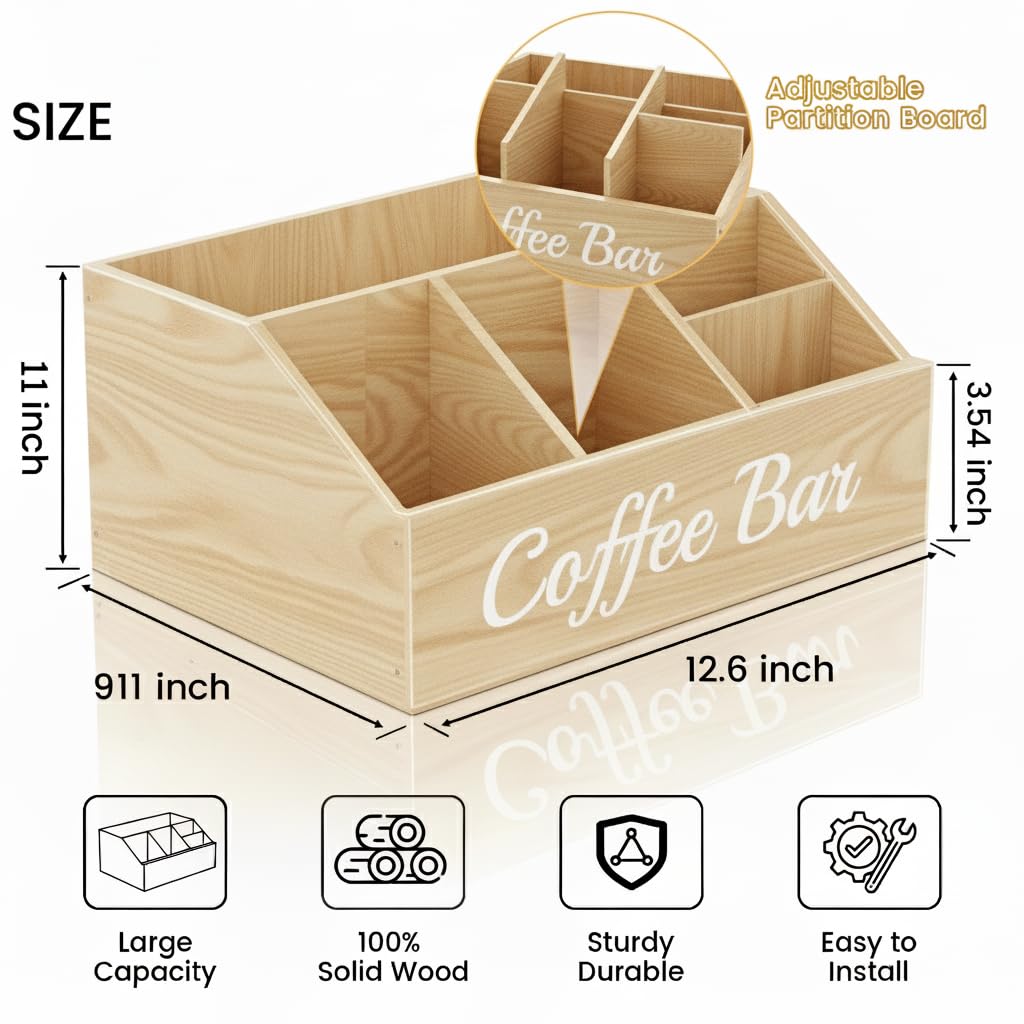 Coffee Station Organizer for Countertop – Wooden Coffee Bar Organizer with Adjustable Dividers,Holds K Cup Pod & syrup bottles, for Kitchen, Office, or Bar and Tea Station, Black
