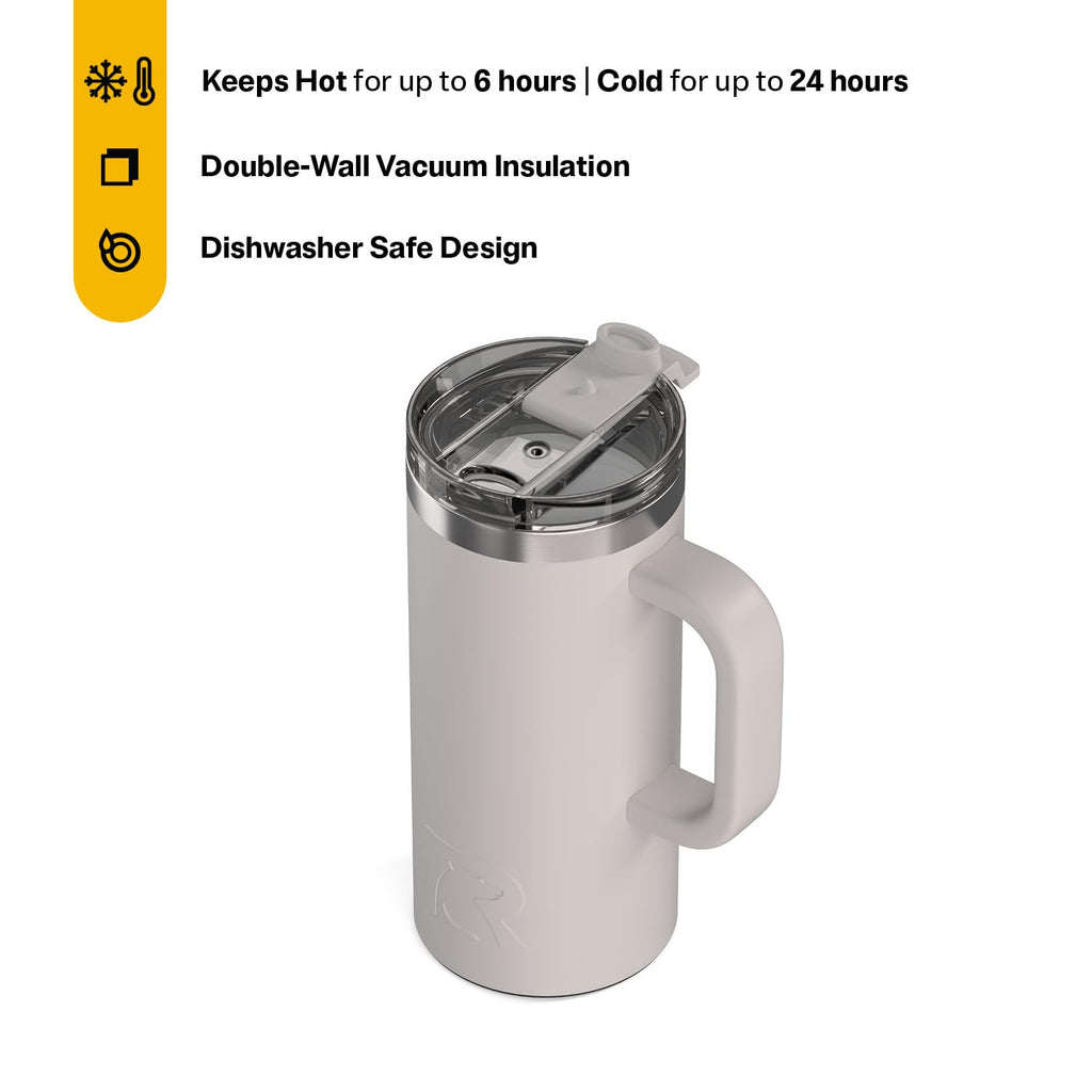 RTIC 20oz Road Trip Travel Mug with Lid and Handle, Ceramic Lined, Insulated, Stainless Steel, Metal, Double Wall Vacuum-Insulation, Portable Coffee, Tea Cup for Hot and Cold Drink, Black