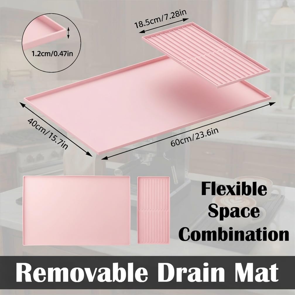 Silicone Coffee Bar Mat 24 x 16 in with Drying Tray, Classic Black | 24 x 16 in food-grade silicone mat for home/coffee bar; removable tray, raised rim, smooth base adds grip, heat insulation