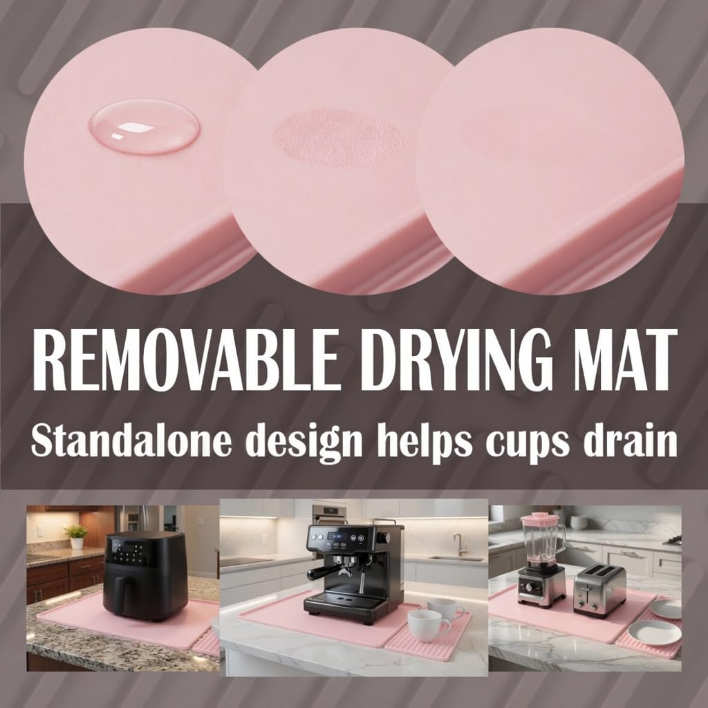 Silicone Coffee Bar Mat 24 x 16 in with Drying Tray, Classic Black | 24 x 16 in food-grade silicone mat for home/coffee bar; removable tray, raised rim, smooth base adds grip, heat insulation