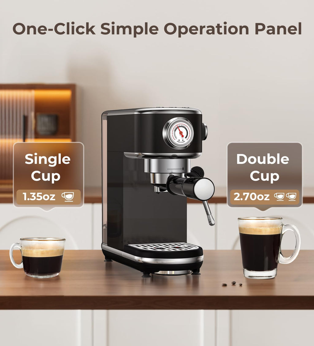 atatix Espresso Machine with Milk Frother, 20 Bar Pressure Espresso Maker, with 44OZ Removable Tank, Compact Stainless Steel Coffee Machine for Home, Office, Latte, Cappuccino, Macchiato, Silver