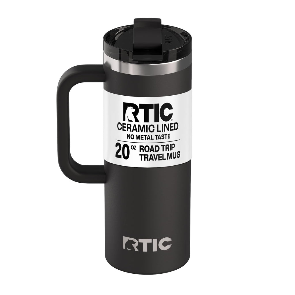 RTIC 20oz Road Trip Travel Mug with Lid and Handle, Ceramic Lined, Insulated, Stainless Steel, Metal, Double Wall Vacuum-Insulation, Portable Coffee, Tea Cup for Hot and Cold Drink, Black