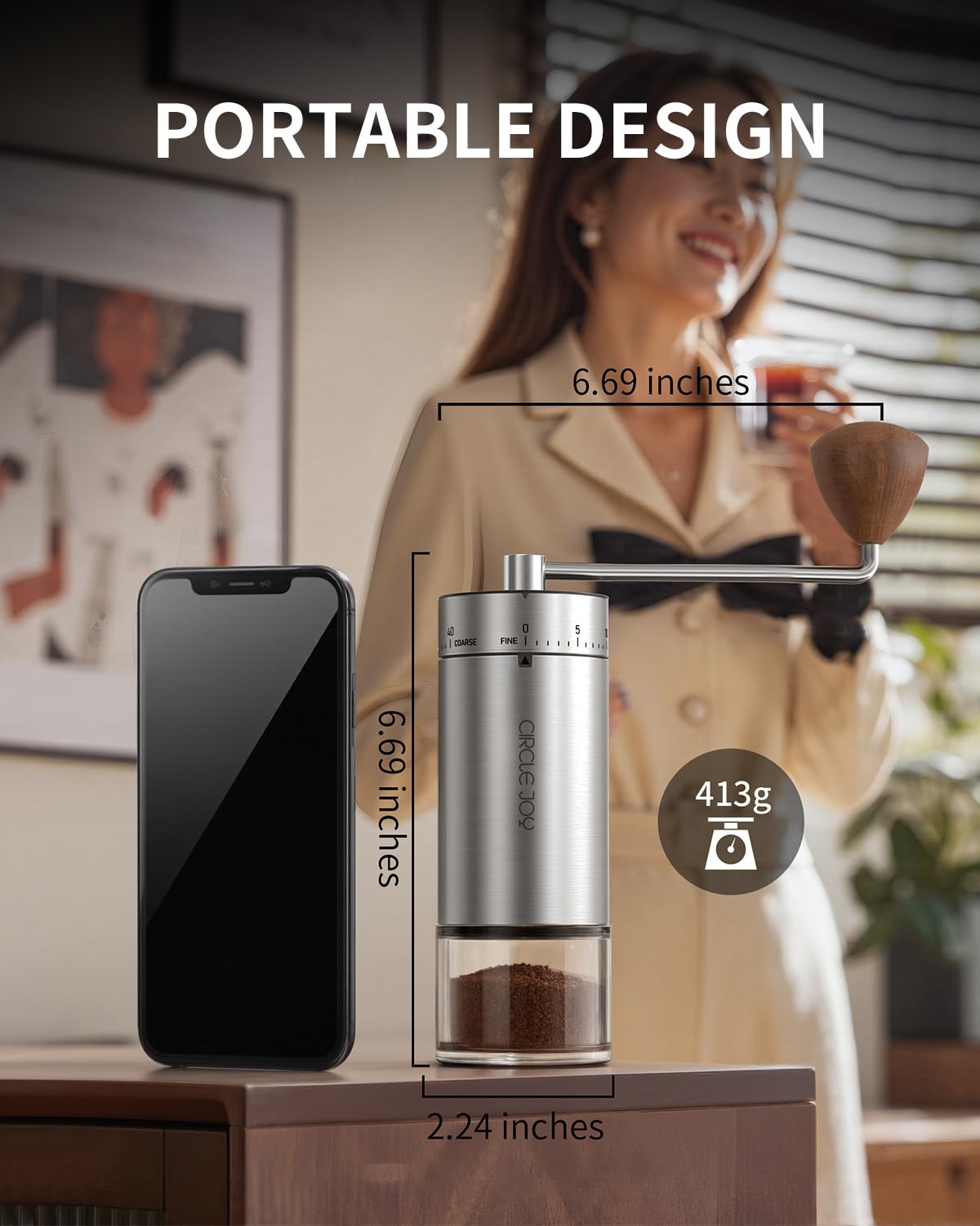 CIRCLE JOY Mini Manual Coffee Grinder with 40 External Adjustable Settings and Ceramic Conical Burr, Portable Stainless Steel Hand Coffee Grinder for Home and Travel