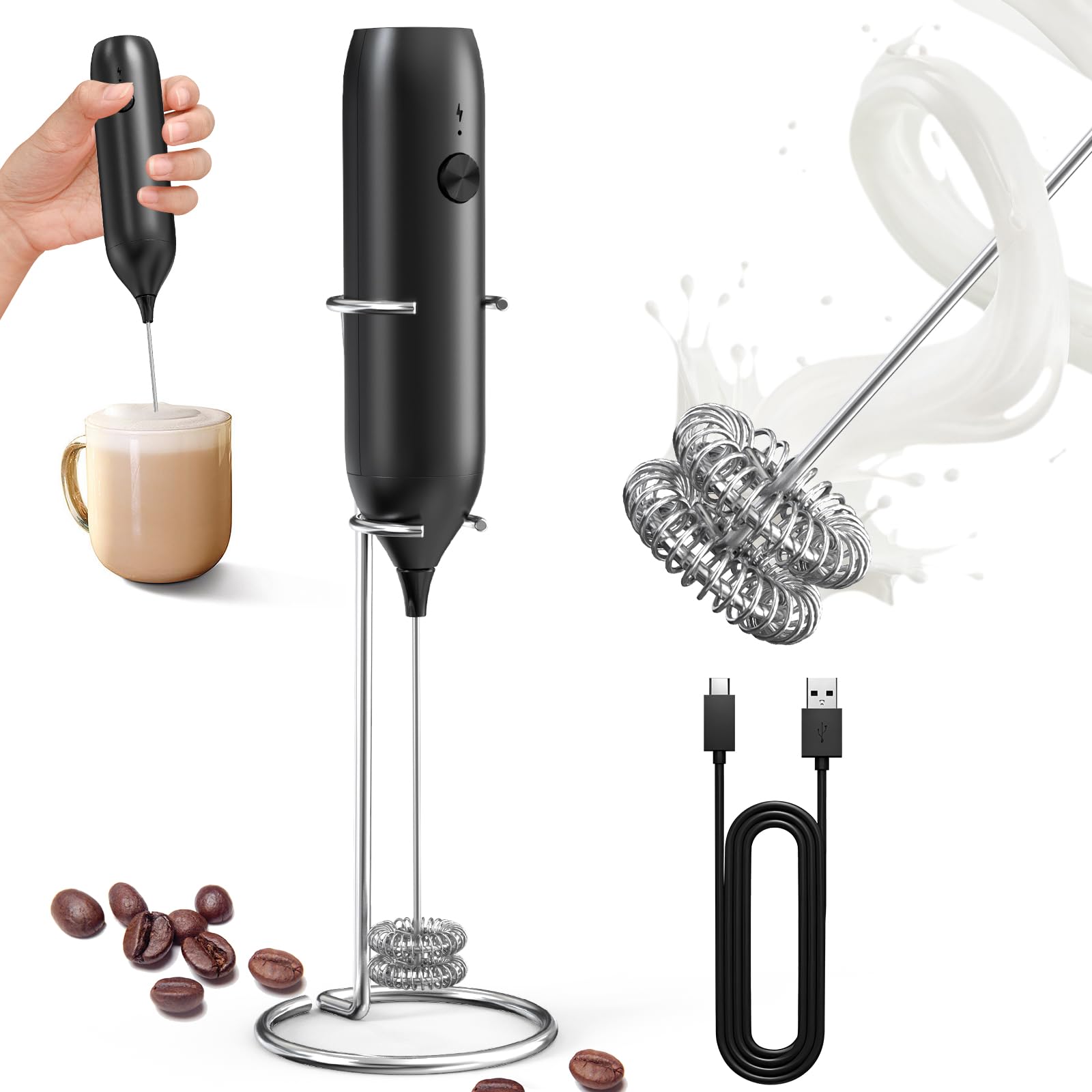 CIRCLE JOY Rechargeable Milk Frother Hanheld, Dual Coil Whisk Head Electric Coffee Frother, Portable Hand Frother Wand Drink Mixer for Matcha Lattes Cappuccino, Kitchen Gifts, Black