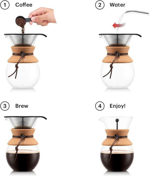 Bodum 34oz Pour Over Coffee Maker, High-Heat Borosilicate Glass with Reusable Stainless Steel Filter and Cork Grip - Made in Portugal