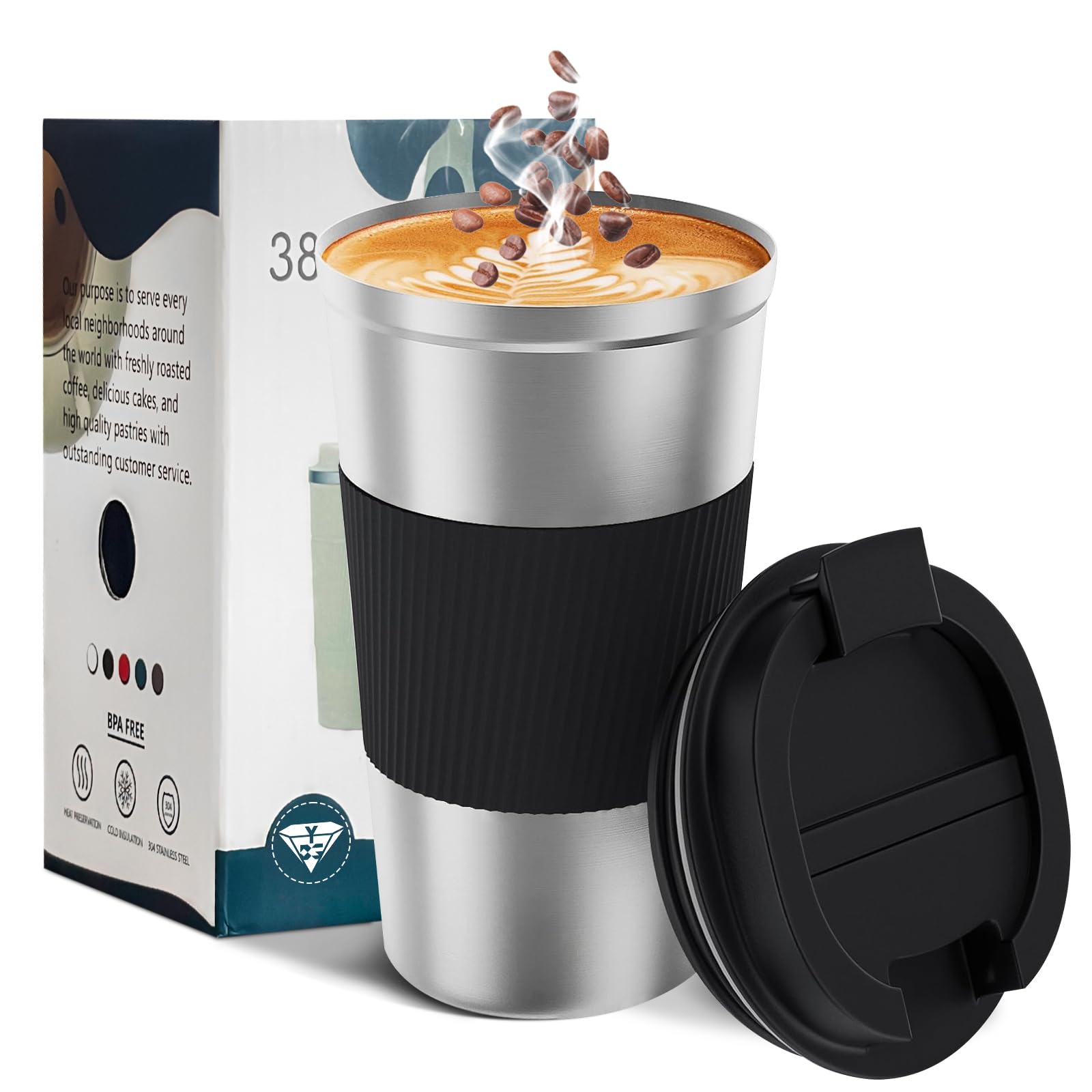 YINBAOGE Insulated Travel Coffee Mug, Spill & Leak Proof, Portable To Go Camping Stainless Steel Coffee Tumbler, Reusable Thermal Coffee Cup with Lid for Hot & Cold Drinks (Black, 12 OZ)