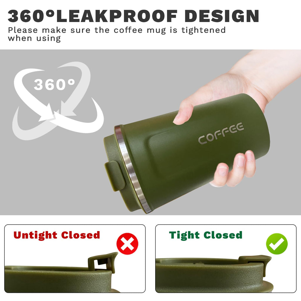 YINBAOGE Insulated Travel Coffee Mug, Spill & Leak Proof, Portable To Go Camping Stainless Steel Coffee Tumbler, Reusable Thermal Coffee Cup with Lid for Hot & Cold Drinks (Black, 12 OZ)