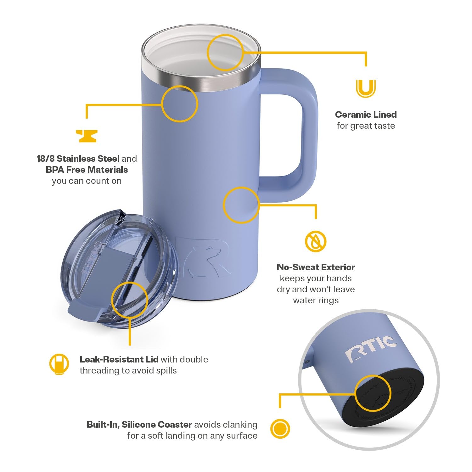 RTIC 20oz Road Trip Travel Mug with Lid and Handle, Ceramic Lined, Insulated, Stainless Steel, Metal, Double Wall Vacuum-Insulation, Portable Coffee, Tea Cup for Hot and Cold Drink, Black