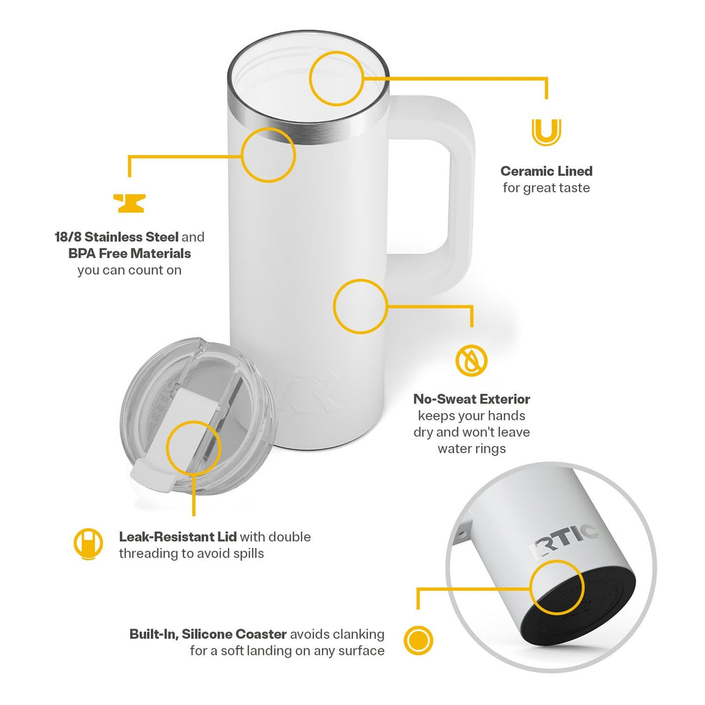RTIC 20oz Road Trip Travel Mug with Lid and Handle, Ceramic Lined, Insulated, Stainless Steel, Metal, Double Wall Vacuum-Insulation, Portable Coffee, Tea Cup for Hot and Cold Drink, Black