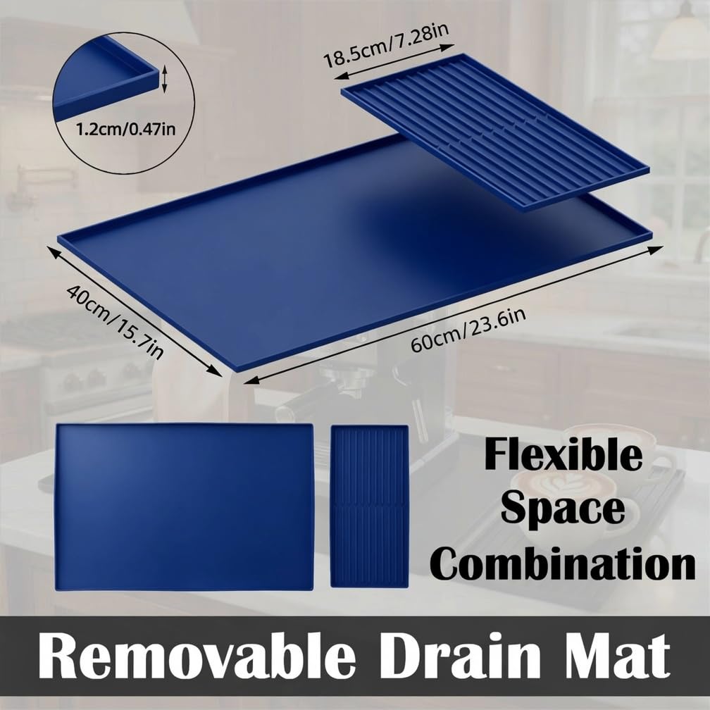 Silicone Coffee Bar Mat 24 x 16 in with Drying Tray, Classic Black | 24 x 16 in food-grade silicone mat for home/coffee bar; removable tray, raised rim, smooth base adds grip, heat insulation