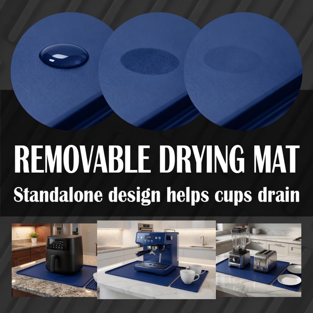 Silicone Coffee Bar Mat 24 x 16 in with Drying Tray, Classic Black | 24 x 16 in food-grade silicone mat for home/coffee bar; removable tray, raised rim, smooth base adds grip, heat insulation