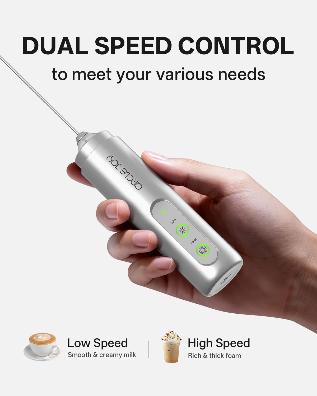CIRCLE JOY Rechargeable Milk Frother Hanheld, Dual Coil Whisk Head Electric Coffee Frother, Portable Hand Frother Wand Drink Mixer for Matcha Lattes Cappuccino, Kitchen Gifts, Black