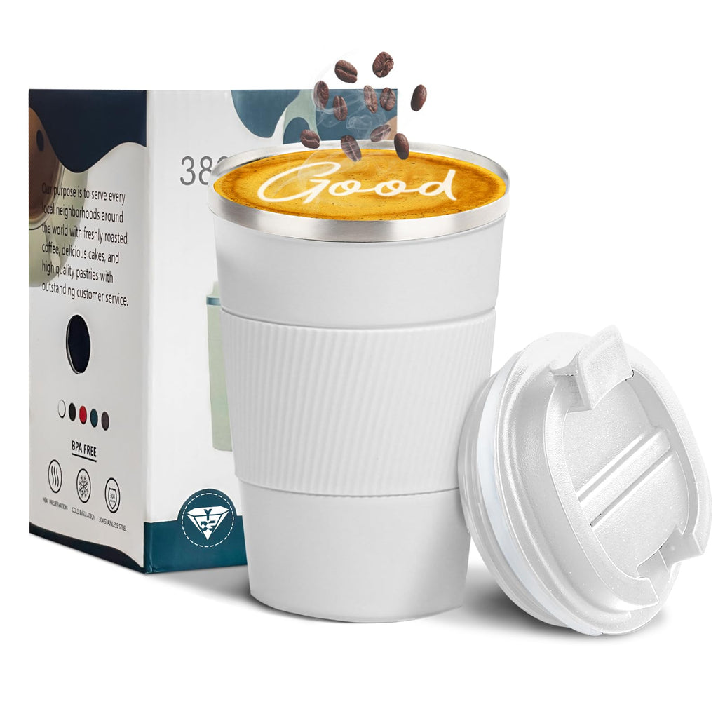 YINBAOGE Insulated Travel Coffee Mug, Spill & Leak Proof, Portable To Go Camping Stainless Steel Coffee Tumbler, Reusable Thermal Coffee Cup with Lid for Hot & Cold Drinks (Black, 12 OZ)