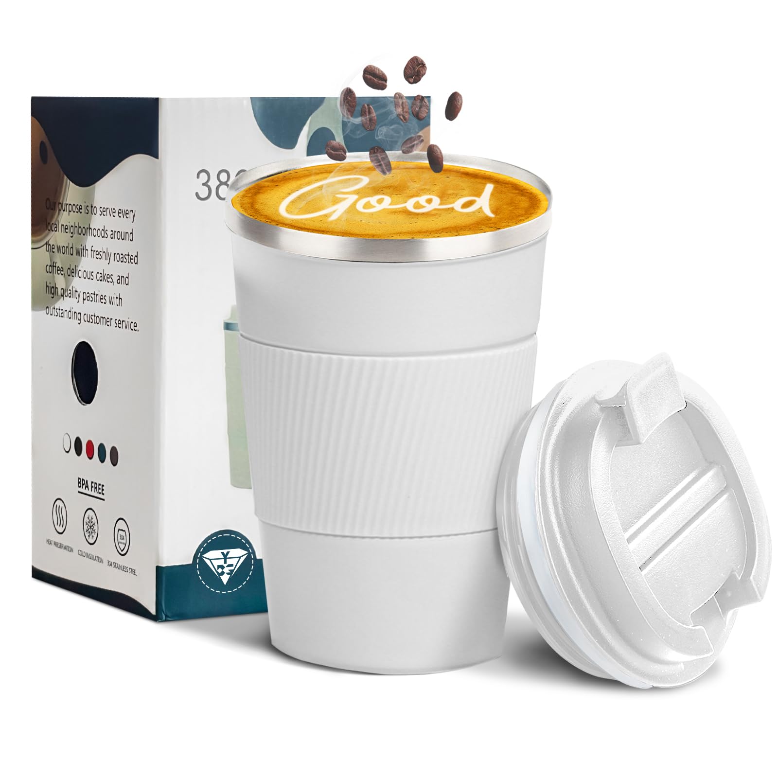 YINBAOGE Insulated Travel Coffee Mug, Spill & Leak Proof, Portable To Go Camping Stainless Steel Coffee Tumbler, Reusable Thermal Coffee Cup with Lid for Hot & Cold Drinks (Black, 12 OZ)