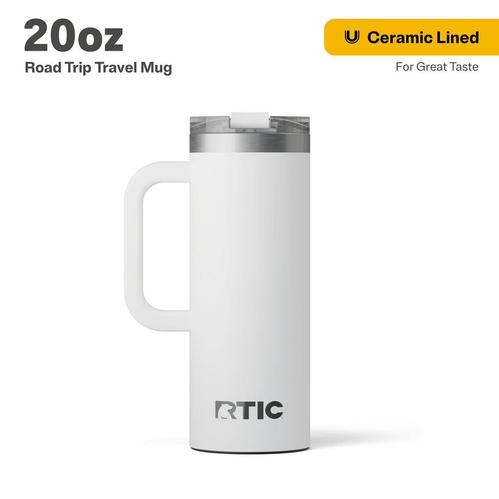 RTIC 20oz Road Trip Travel Mug with Lid and Handle, Ceramic Lined, Insulated, Stainless Steel, Metal, Double Wall Vacuum-Insulation, Portable Coffee, Tea Cup for Hot and Cold Drink, Black