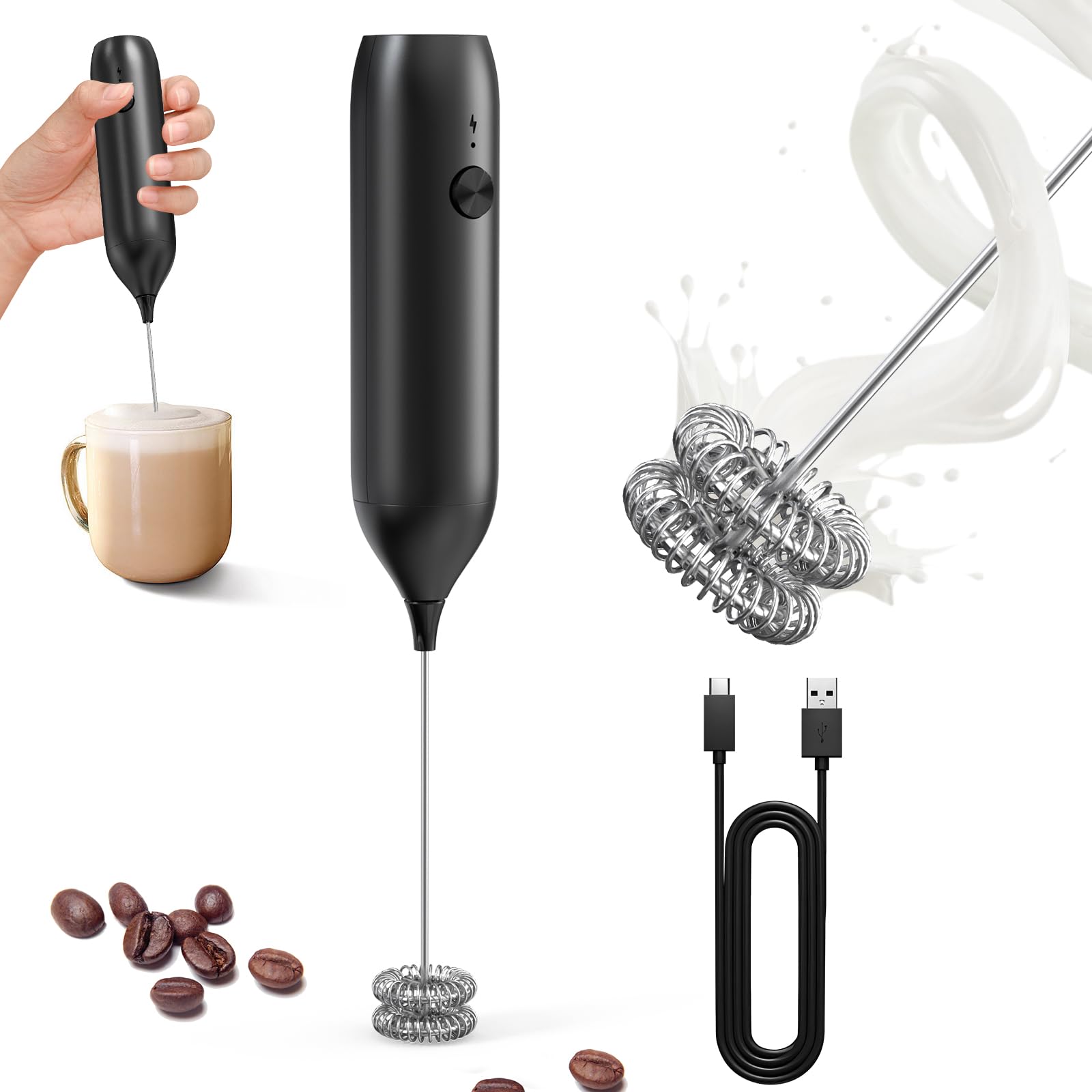 CIRCLE JOY Rechargeable Milk Frother Hanheld, Dual Coil Whisk Head Electric Coffee Frother, Portable Hand Frother Wand Drink Mixer for Matcha Lattes Cappuccino, Kitchen Gifts, Black
