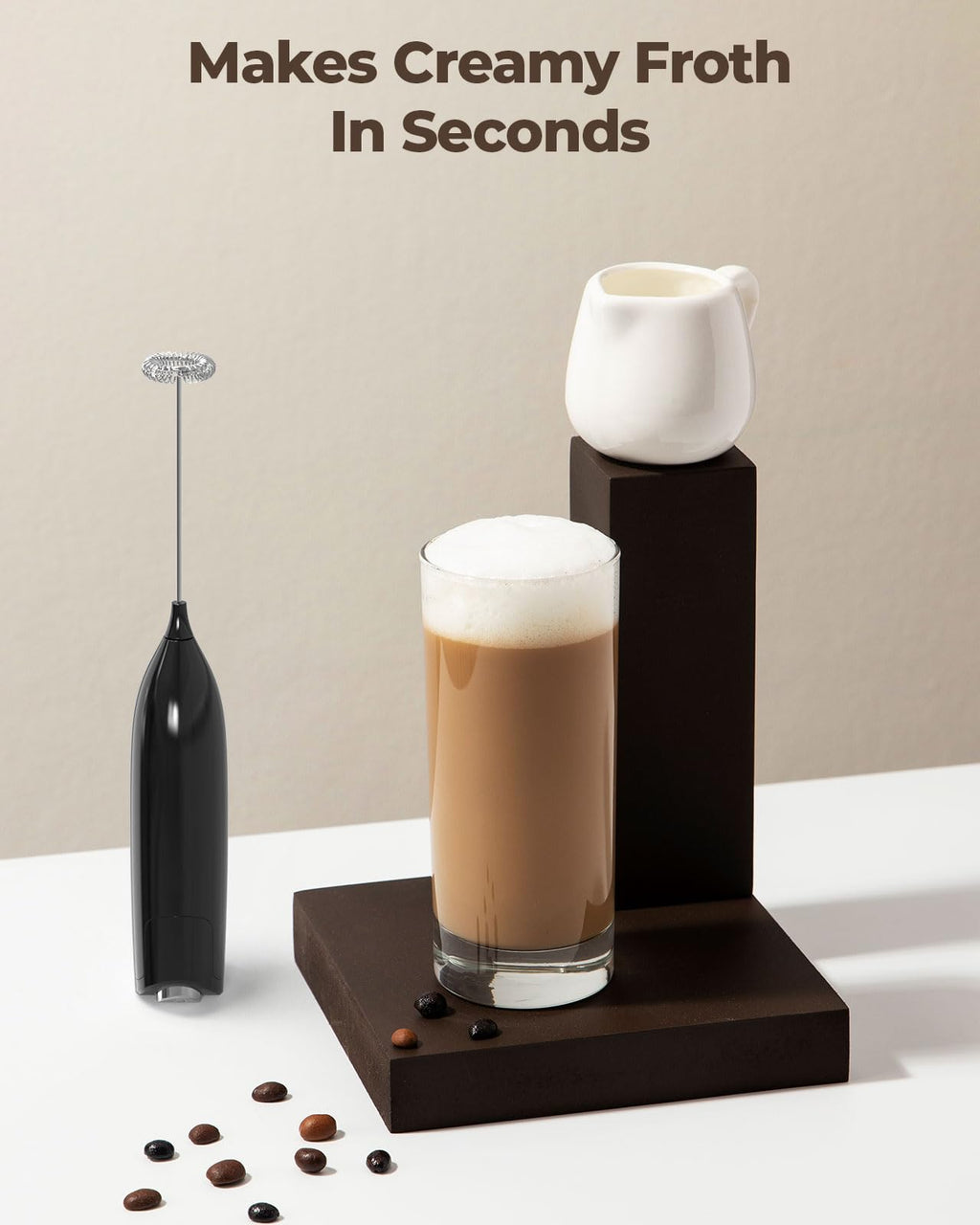 SIMPLETASTE Milk Frother Handheld Electric Foam Maker, Drink Mixer with Stainless Steel Whisk for Cappuccino, Bulletproof Coffee, Latte, Gray, with Stand, Battery Operated
