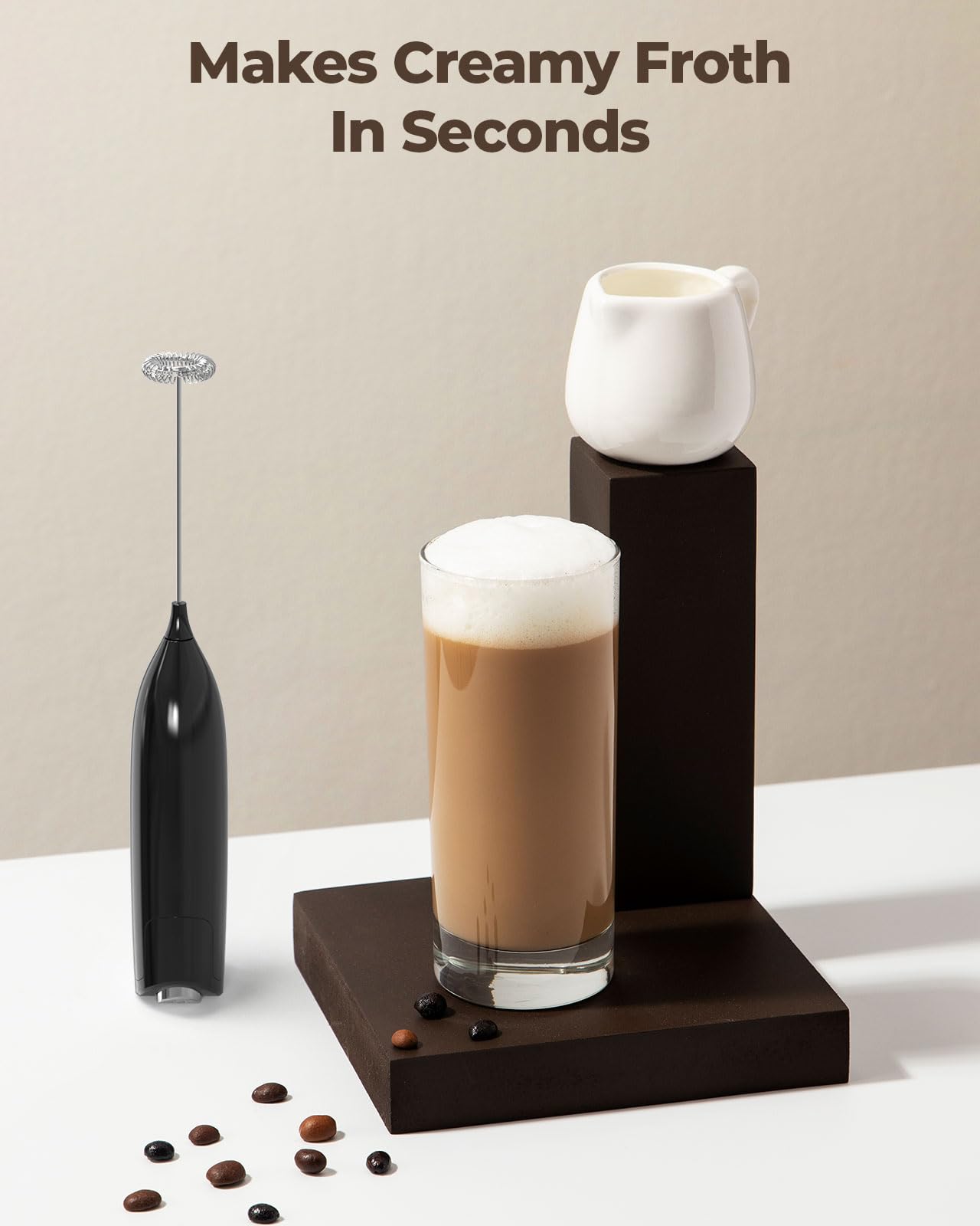 SIMPLETASTE Milk Frother Handheld Electric Foam Maker, Drink Mixer with Stainless Steel Whisk for Cappuccino, Bulletproof Coffee, Latte, Gray, with Stand, Battery Operated
