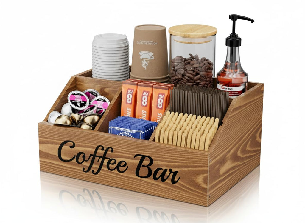 Coffee Station Organizer for Countertop – Wooden Coffee Bar Organizer with Adjustable Dividers,Holds K Cup Pod & syrup bottles, for Kitchen, Office, or Bar and Tea Station, Black