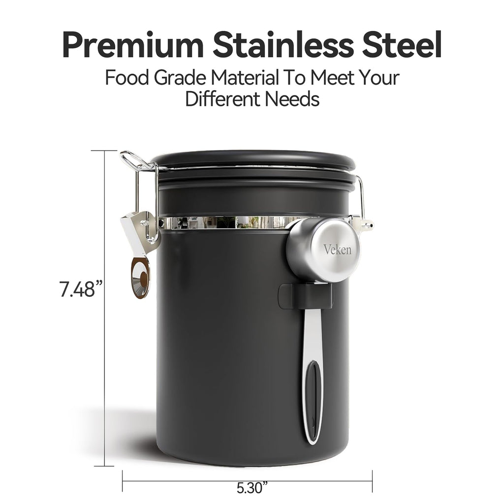 Veken Coffee Canister with Window,Airtight Stainless Steel Pantry Container,Home Kitchen Food Storage Organizers for Ground,Beans,Espresso,Rice,Tea,Sugar,Cereal, Decor,Bar Accessories,Gifts,22OZ,Black