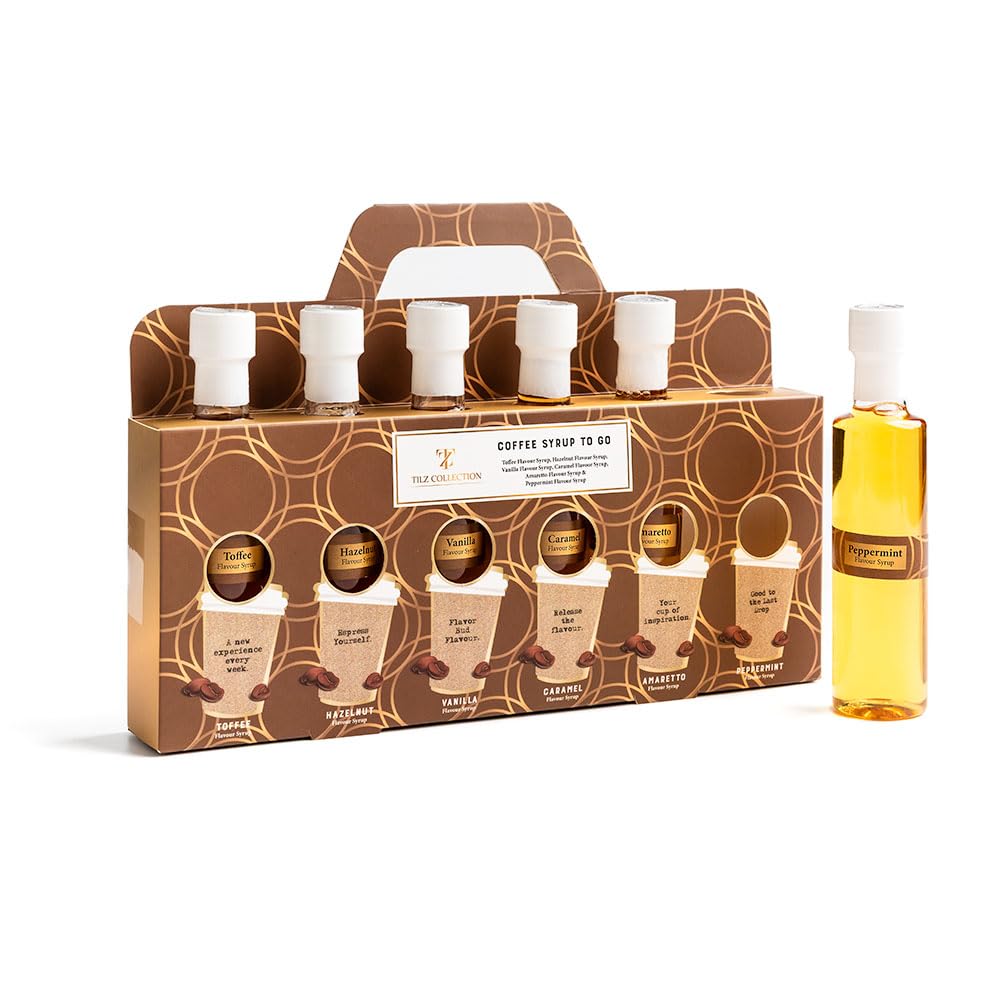 Premium Coffee Syrup Gift - Set 6 x 75ml Assorted Flavoured Syrup For Coffee Including Vanilla Caramel Toffee Hazelnut Amaretto Peppermint Coffee Lover Gift sets