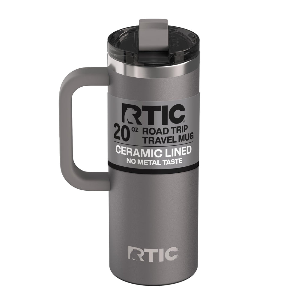 RTIC 20oz Road Trip Travel Mug with Lid and Handle, Ceramic Lined, Insulated, Stainless Steel, Metal, Double Wall Vacuum-Insulation, Portable Coffee, Tea Cup for Hot and Cold Drink, Black