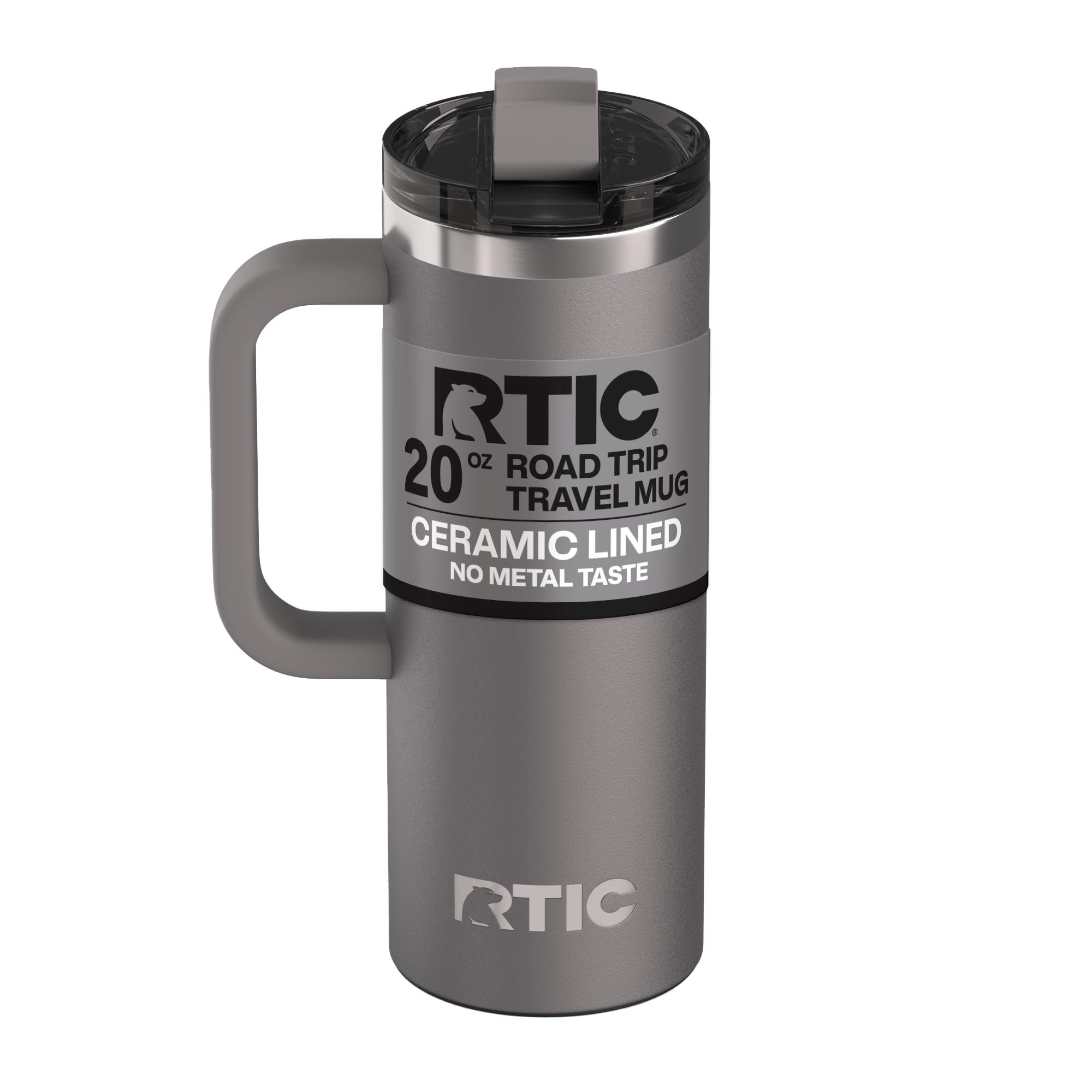 RTIC 20oz Road Trip Travel Mug with Lid and Handle, Ceramic Lined, Insulated, Stainless Steel, Metal, Double Wall Vacuum-Insulation, Portable Coffee, Tea Cup for Hot and Cold Drink, Black