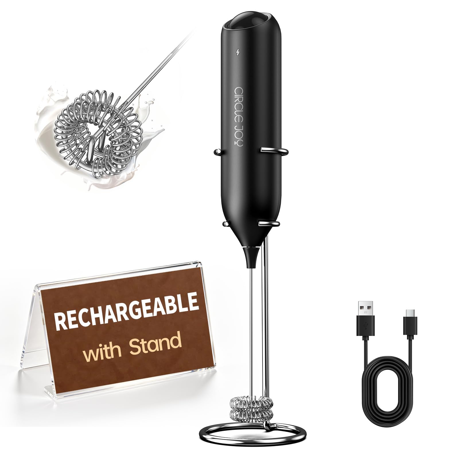 CIRCLE JOY Rechargeable Milk Frother Hanheld, Dual Coil Whisk Head Electric Coffee Frother, Portable Hand Frother Wand Drink Mixer for Matcha Lattes Cappuccino, Kitchen Gifts, Black
