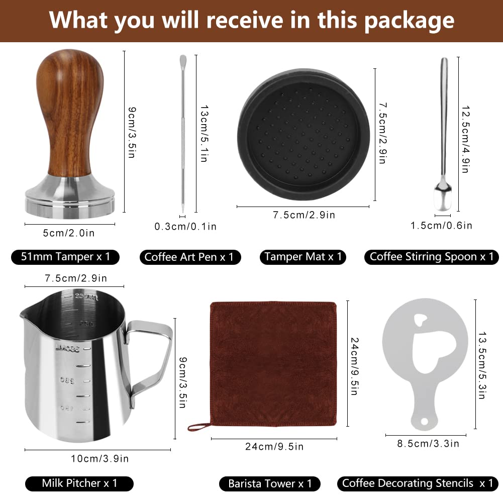 Y-Step 23 PCS Coffee Tamper Set, Espresso Accessories Kit Barista Kit, with Espresso Tamper 51mm, Coffee Stirrer, Frothing Pitcher, Tamper Mat, Latte Art Pen, Sandalwood Tamper for Espresso Machine