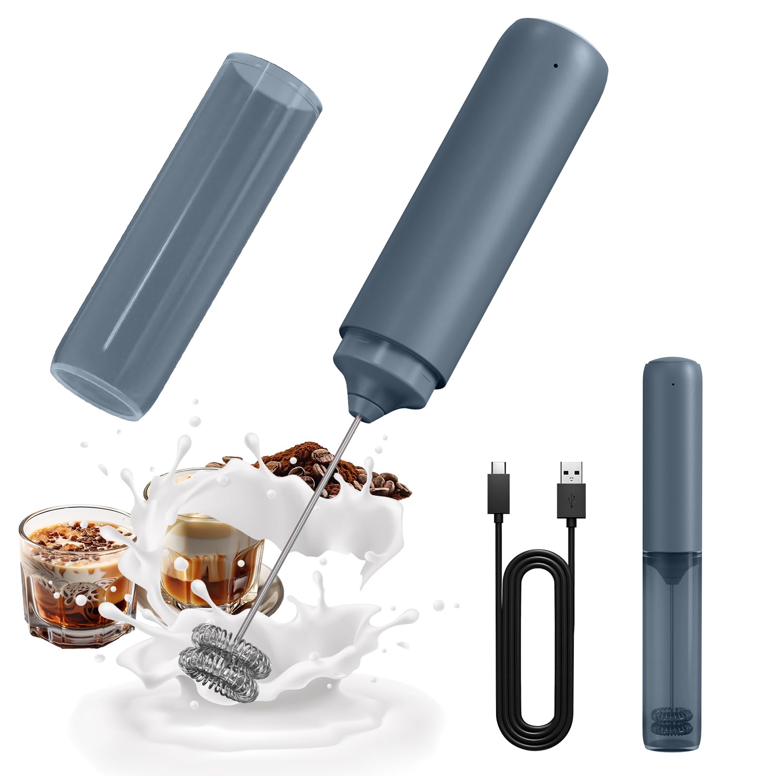 CIRCLE JOY Rechargeable Milk Frother Handheld with Stand, Dual Spring Whisk Head Electric Coffee Frother Foam Maker, Portable Drink Mixer for Cappuccino, Latte, Matcha, Black