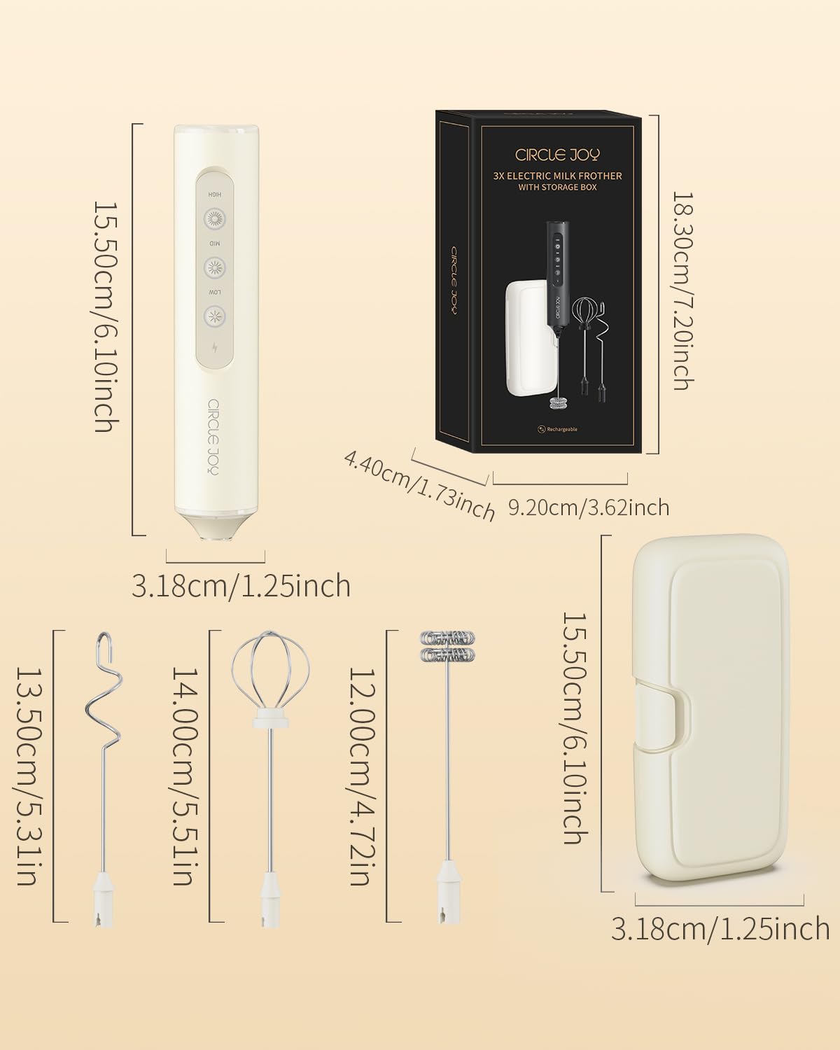 CIRCLE JOY Rechargeable Handheld Milk Frother Wand with 3 Variable Speeds, 3 Whisks and Storage Box, Electric Drink Mixer for Latte, Cappuccino, Hot Chocolate, Eggs and Protein Powder, Black