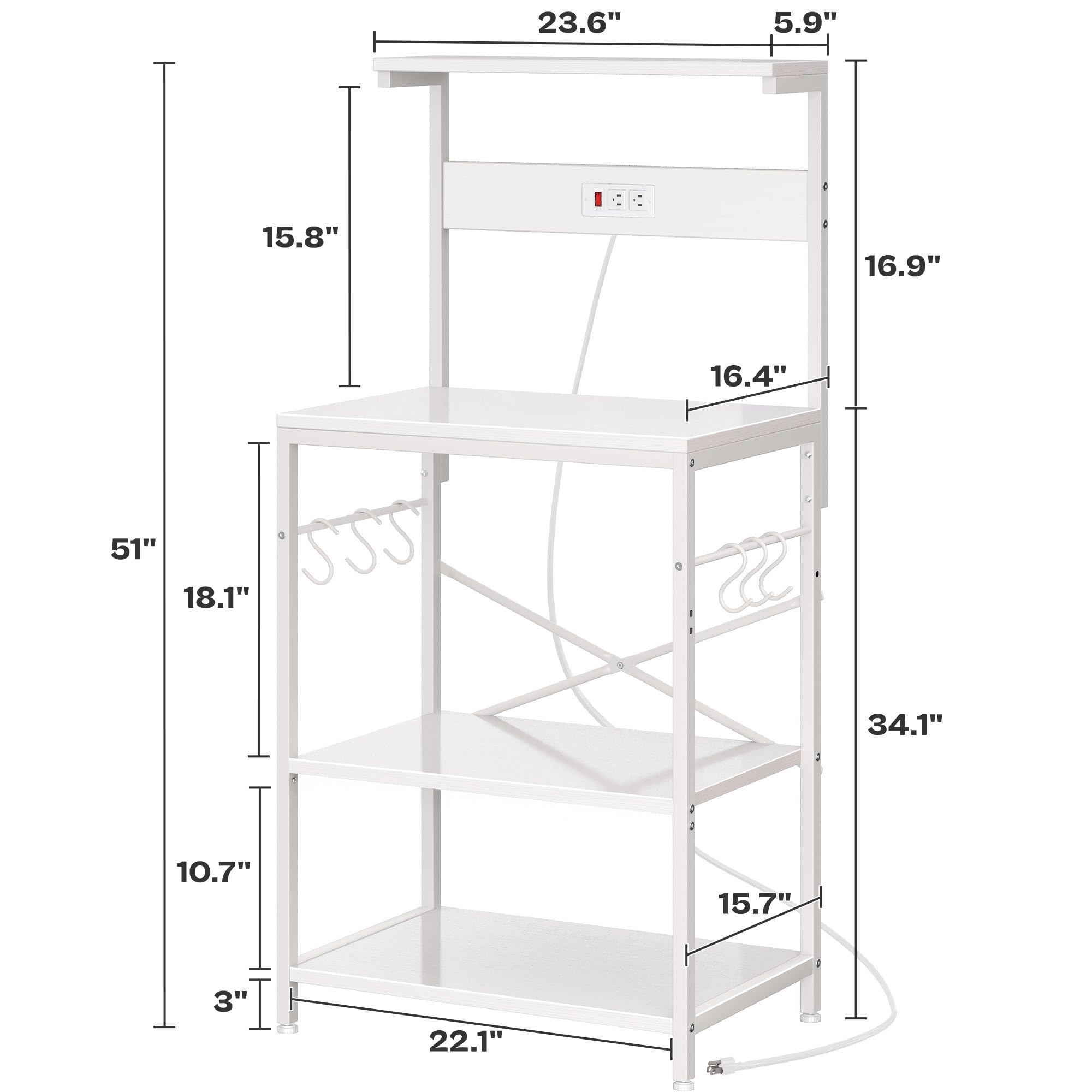 SUPERJARE Kitchen Bakers Rack with Power Outlet, Coffee Bar Table 4 Tiers, Kitchen Microwave Stand with 6 S-shaped Hooks, Storage Shelf Rack for Spices, Pots and Pans - Rustic Brown