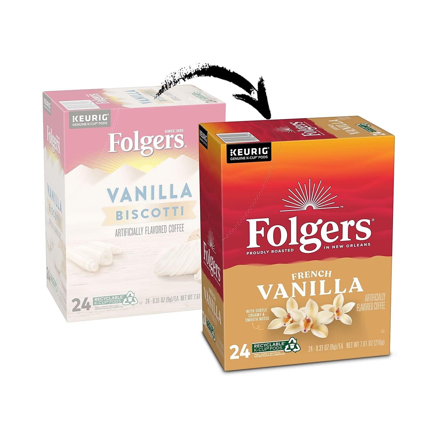 Folgers French Vanilla Artificially Flavored Coffee, Keurig K-Cup pods, 10 Count Box (Pack of 6)