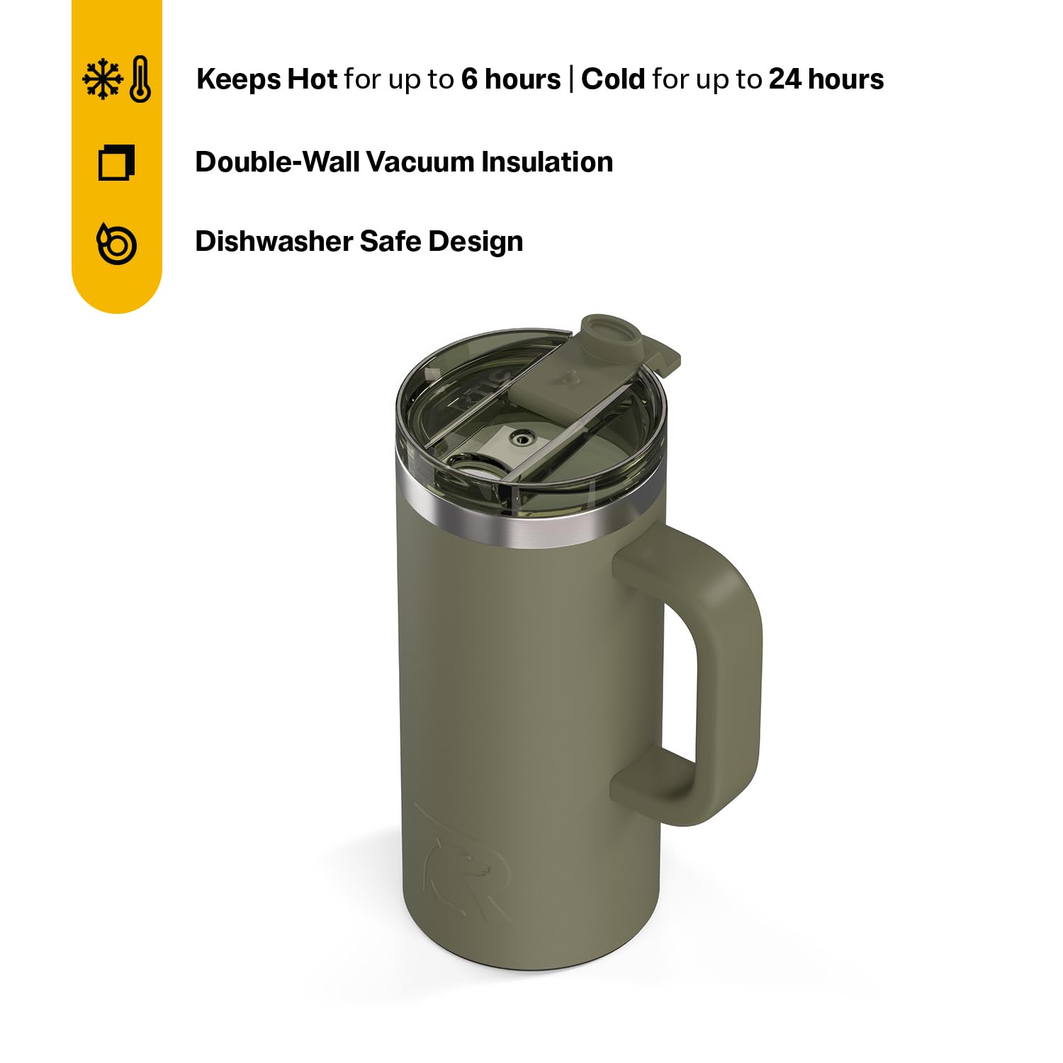 RTIC 20oz Road Trip Travel Mug with Lid and Handle, Ceramic Lined, Insulated, Stainless Steel, Metal, Double Wall Vacuum-Insulation, Portable Coffee, Tea Cup for Hot and Cold Drink, Black