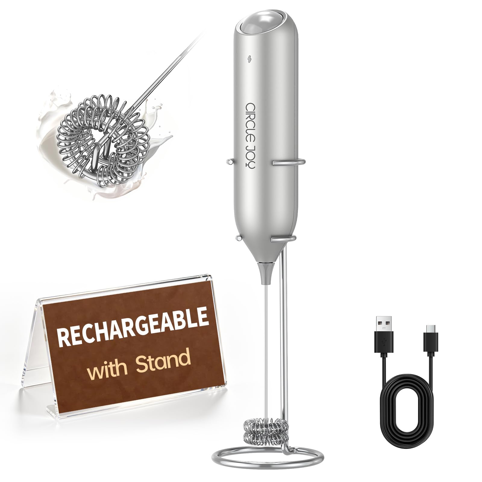 CIRCLE JOY Rechargeable Milk Frother Hanheld, Dual Coil Whisk Head Electric Coffee Frother, Portable Hand Frother Wand Drink Mixer for Matcha Lattes Cappuccino, Kitchen Gifts, Black