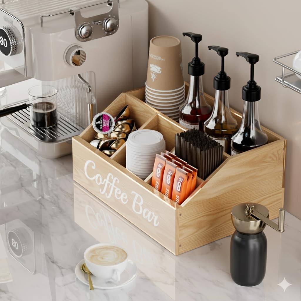 Coffee Station Organizer for Countertop – Wooden Coffee Bar Organizer with Adjustable Dividers,Holds K Cup Pod & syrup bottles, for Kitchen, Office, or Bar and Tea Station, Black