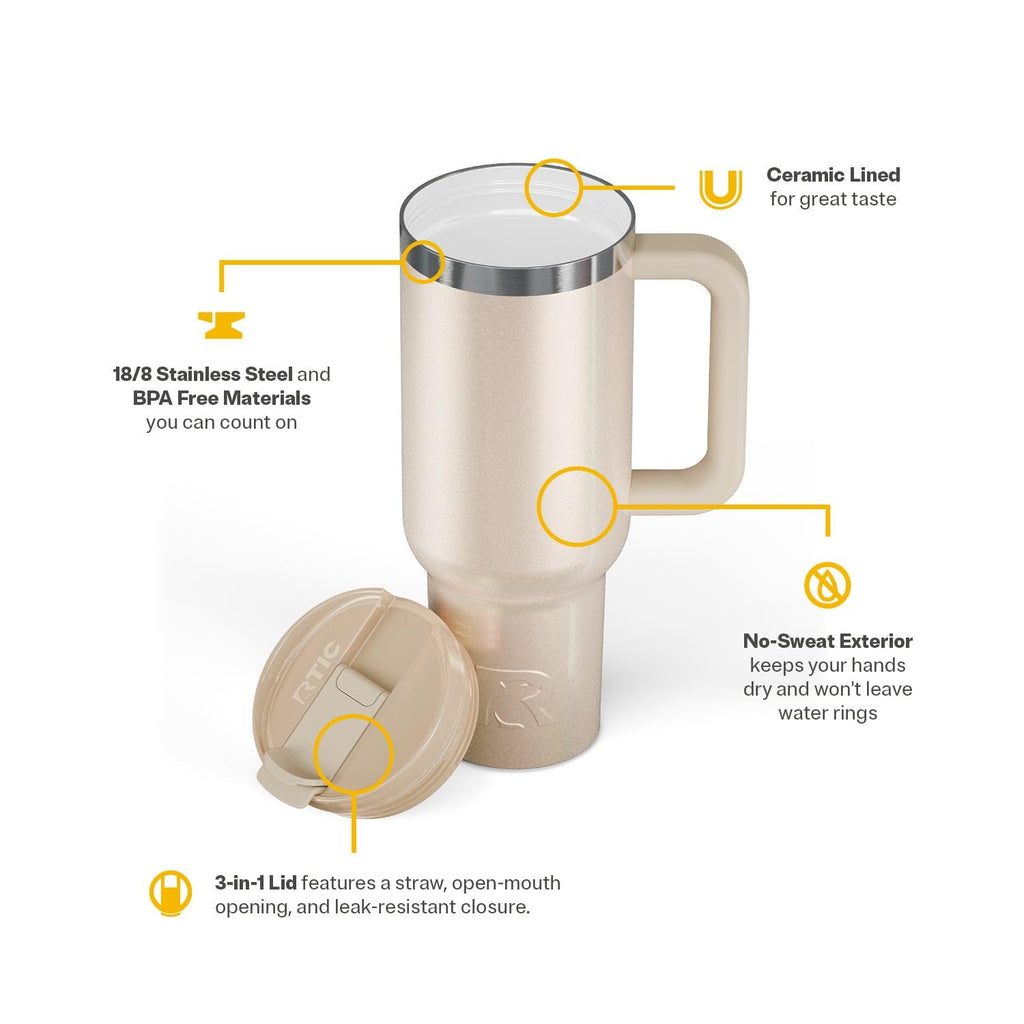 RTIC 40 oz Road Trip Tumbler Double-Walled Cermaic Lined Insulated Stainless Steel Portable Travel Coffee Mug Cup with Lid, Handle and Straw, Trailblazer