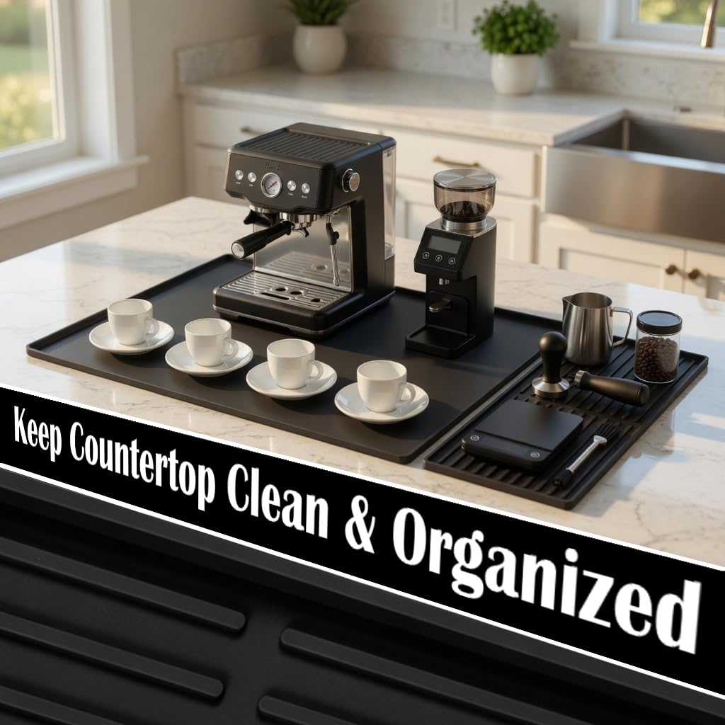 Silicone Coffee Bar Mat 24 x 16 in with Drying Tray, Classic Black | 24 x 16 in food-grade silicone mat for home/coffee bar; removable tray, raised rim, smooth base adds grip, heat insulation