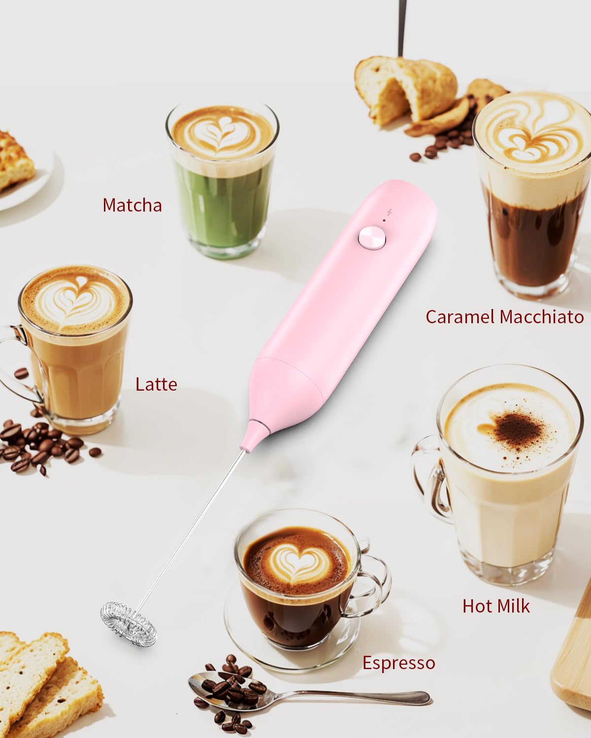 CIRCLE JOY Rechargeable Milk Frother Hanheld, Dual Coil Whisk Head Electric Coffee Frother, Portable Hand Frother Wand Drink Mixer for Matcha Lattes Cappuccino, Kitchen Gifts, Black