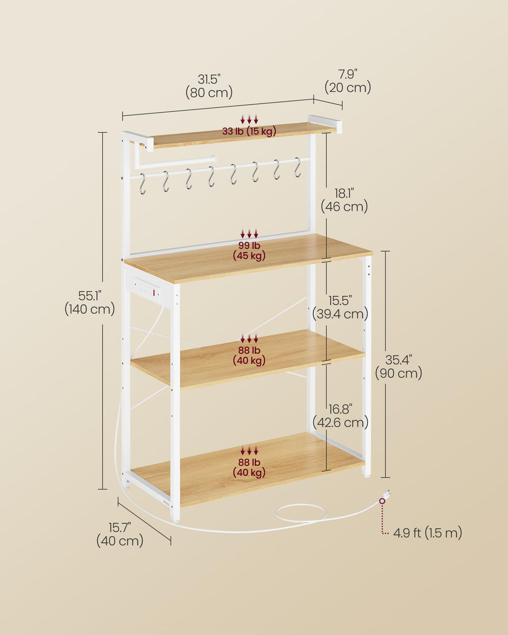 VASAGLE BARNET Collection - Kitchen Bakers Rack with Power Outlet, 31.5-Inch Wide Coffee Bar 4-Tier with 8 S Hooks, Modern Microwave Stand, Adjustable Shelf, Rustic Brown and Ink Black UKKS029KD01