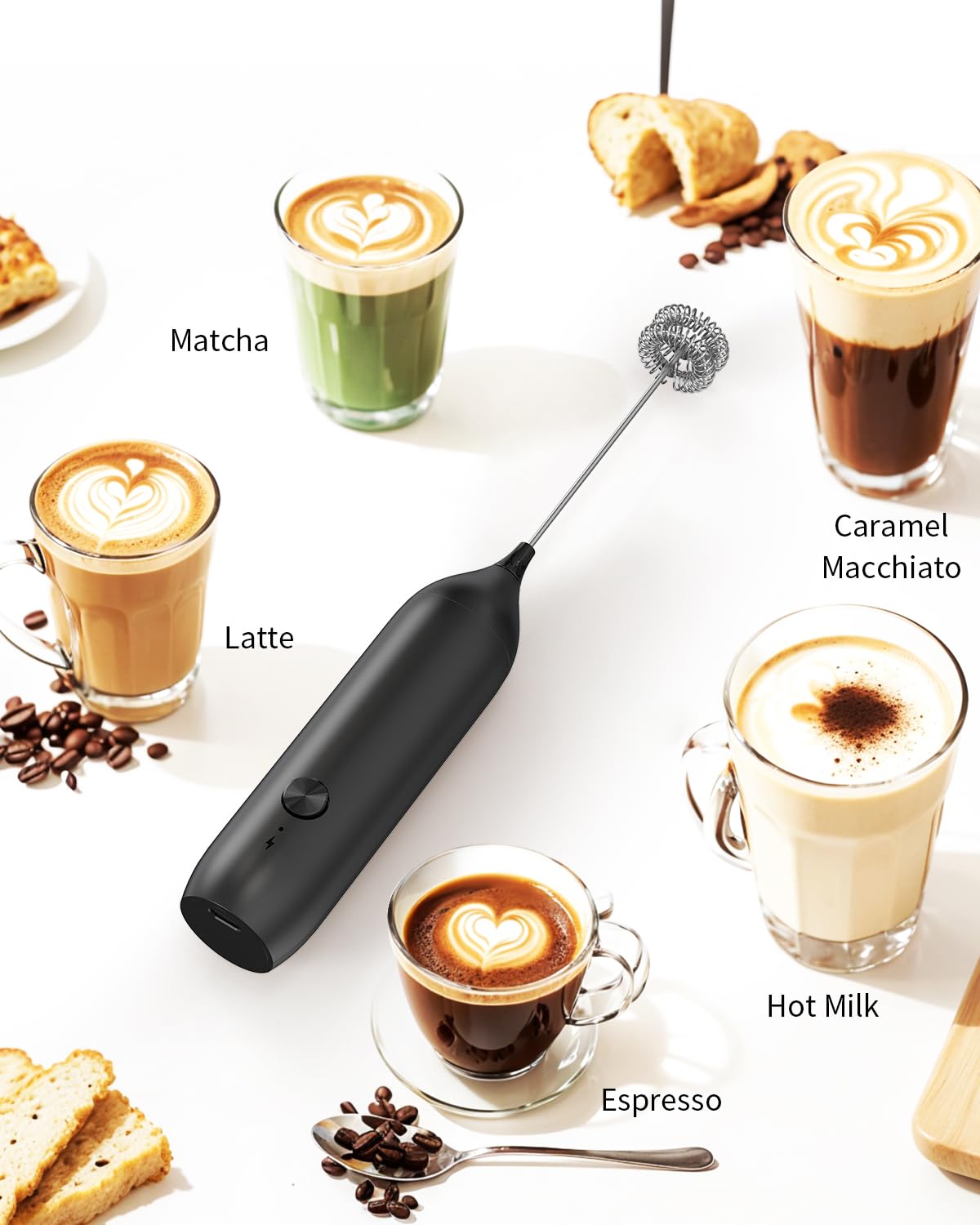 CIRCLE JOY Rechargeable Milk Frother Hanheld, Dual Coil Whisk Head Electric Coffee Frother, Portable Hand Frother Wand Drink Mixer for Matcha Lattes Cappuccino, Kitchen Gifts, Black