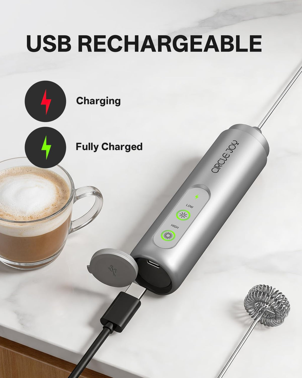 CIRCLE JOY Rechargeable Milk Frother Hanheld, Dual Coil Whisk Head Electric Coffee Frother, Portable Hand Frother Wand Drink Mixer for Matcha Lattes Cappuccino, Kitchen Gifts, Black