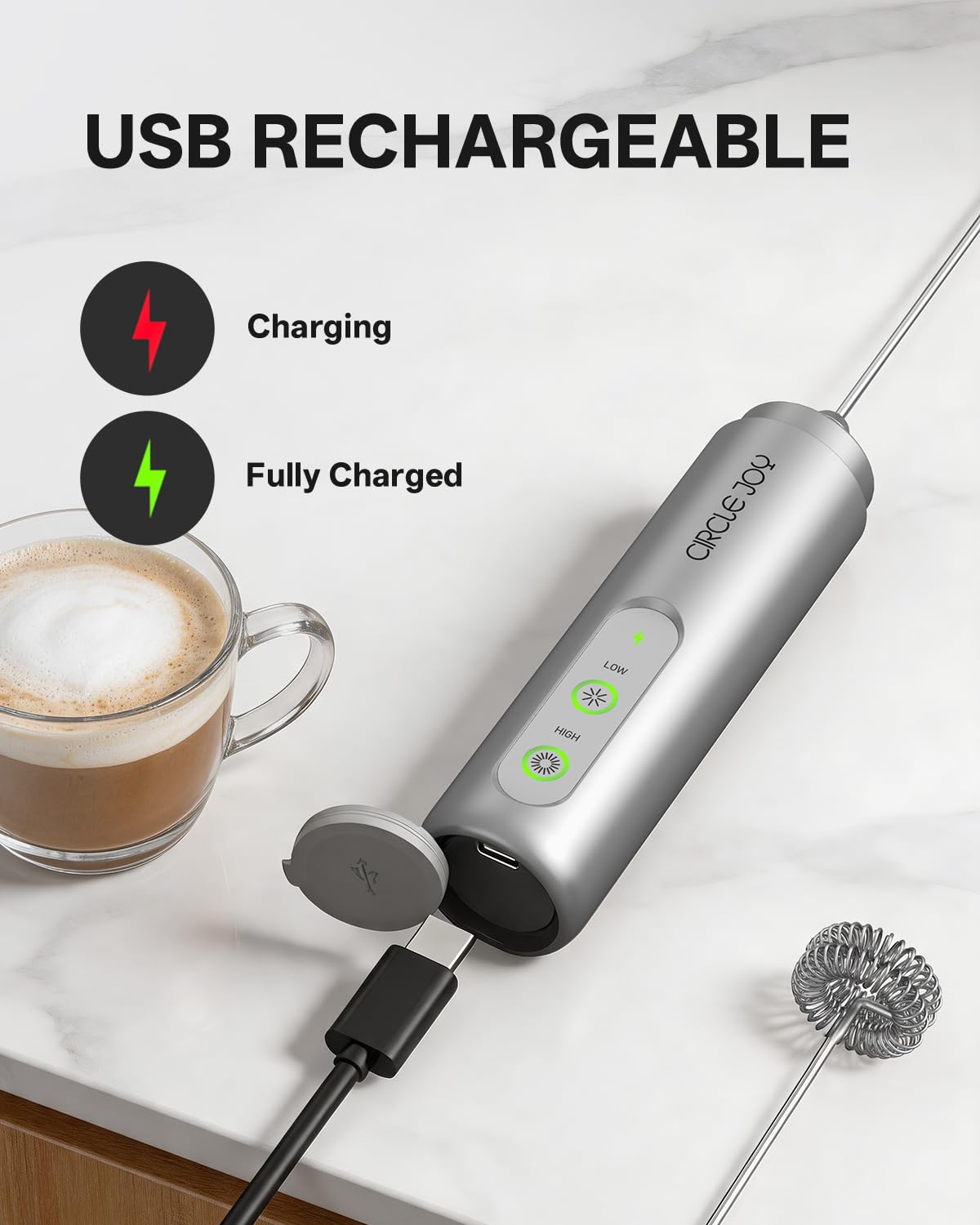 CIRCLE JOY Rechargeable Milk Frother Hanheld, Dual Coil Whisk Head Electric Coffee Frother, Portable Hand Frother Wand Drink Mixer for Matcha Lattes Cappuccino, Kitchen Gifts, Black