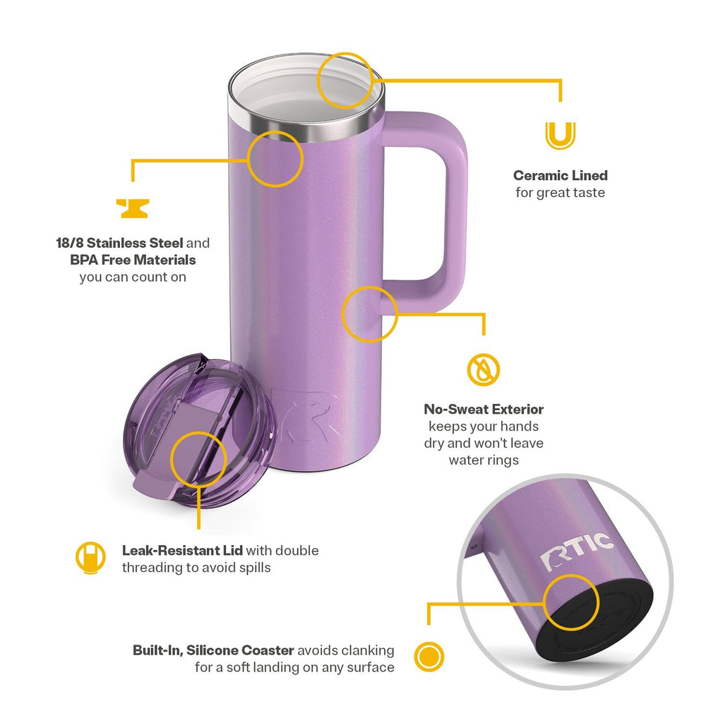 RTIC 20oz Road Trip Travel Mug with Lid and Handle, Ceramic Lined, Insulated, Stainless Steel, Metal, Double Wall Vacuum-Insulation, Portable Coffee, Tea Cup for Hot and Cold Drink, Black