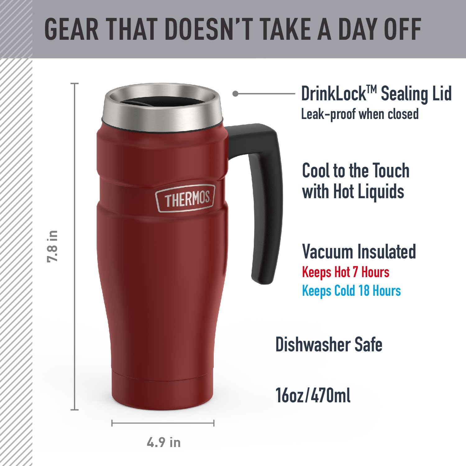 THERMOS Stainless King Vacuum-Insulated Travel Mug with Handle - 16oz, Midnight Blue - Thermos Tumbler for Hot & Cold Drinks - Leak & Sweat-Proof Stainless Steel Coffee Mug with Lid for Commuting