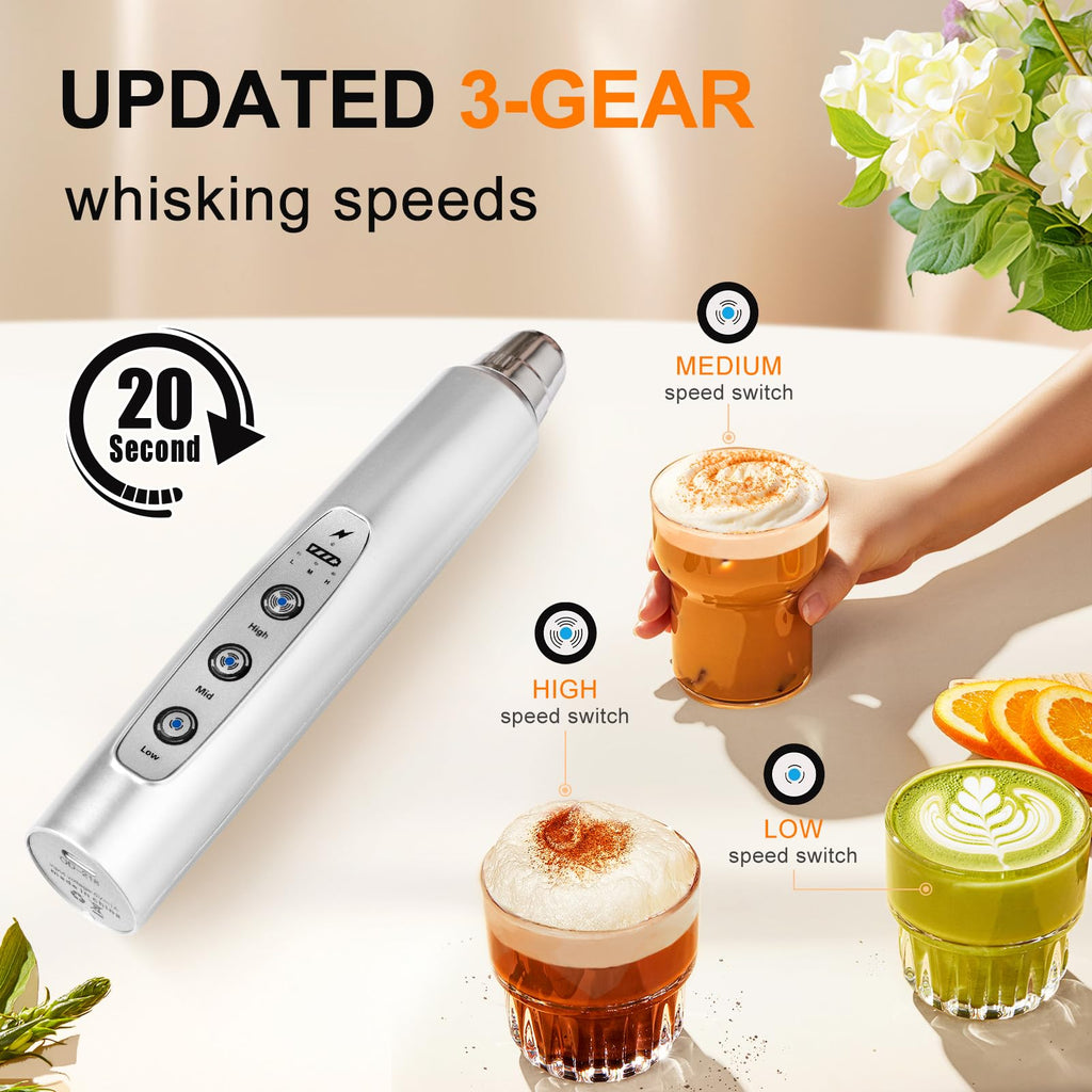 YUSWKO Black Handheld Milk Frother Wand for Coffee, Rechargeable Electric Whisk with 3 Heads 3 Speeds Drink Mixer Coffee Frother For Latte, Cappuccino, Hot Chocolate, Egg