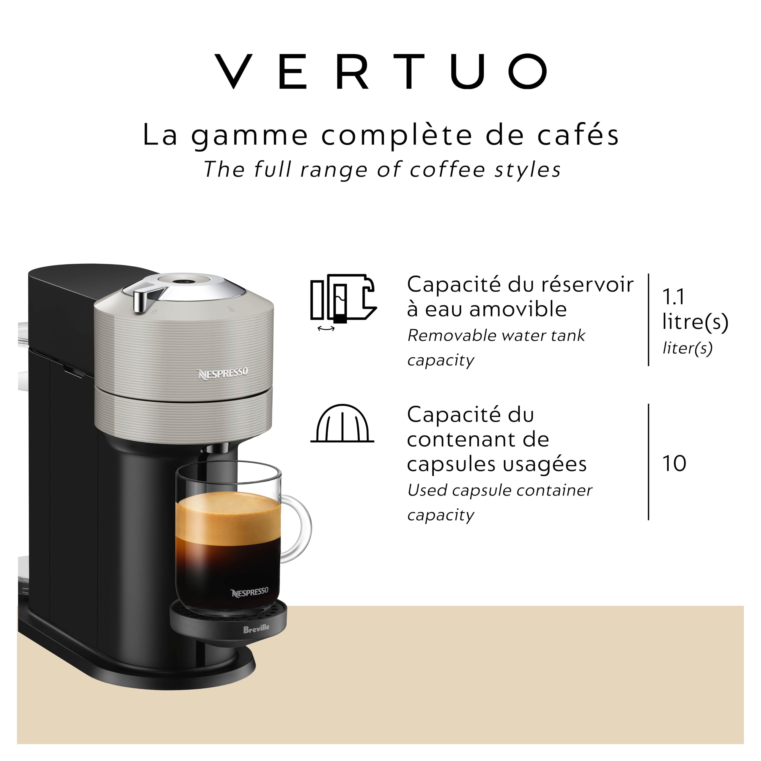 Nespresso Vertuo Next Coffee and Espresso Maker by Breville, with Aeroccino Milk Frother, Light Grey