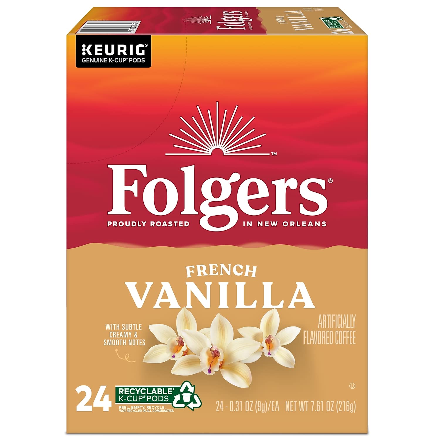 Folgers French Vanilla Artificially Flavored Coffee, Keurig K-Cup pods, 10 Count Box (Pack of 6)