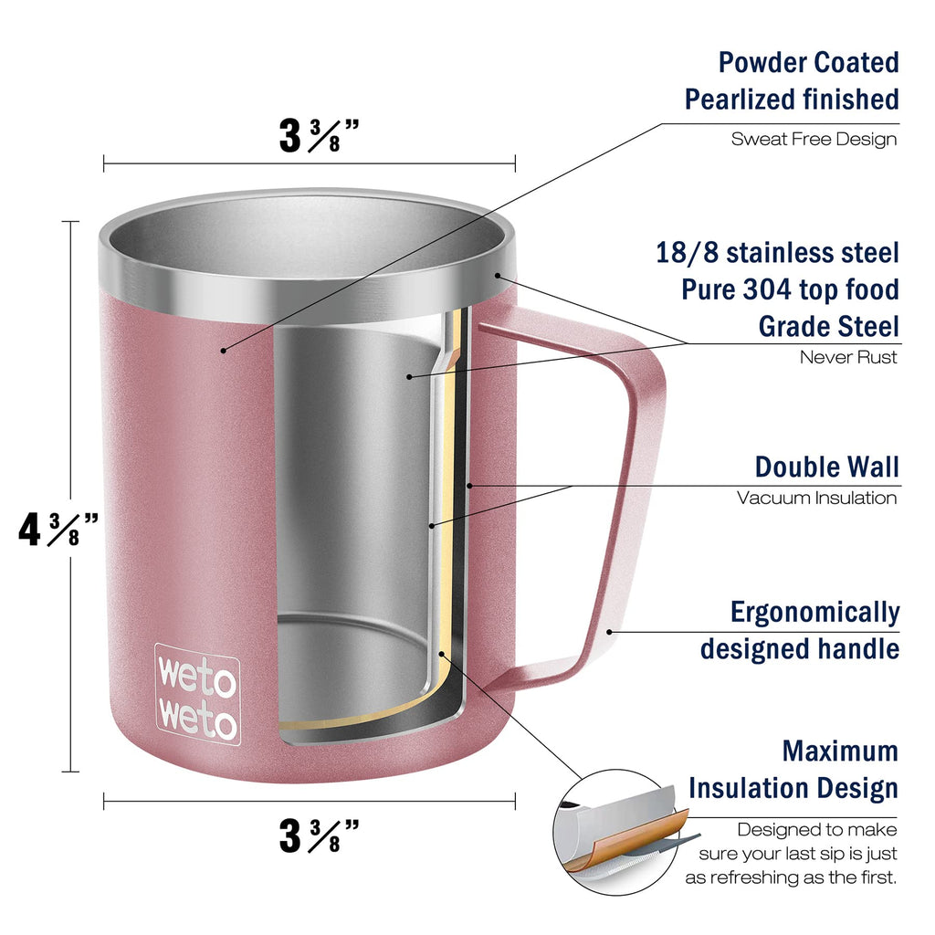 WETOWETO Coffee Mug with Handle, 14oz Insulated Stainless Steel Coffee Travel Mug, Double Wall Vacuum Reusable Coffee Cup with Lid, Powder Coated Rose Gold